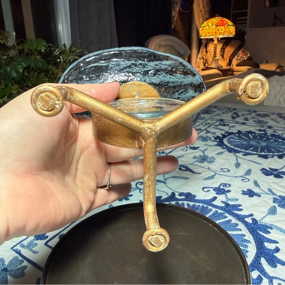 VTG  Art nouveau Brass Ornate Stand with Blue Glass & Elephant MCM Soap Dish EUC